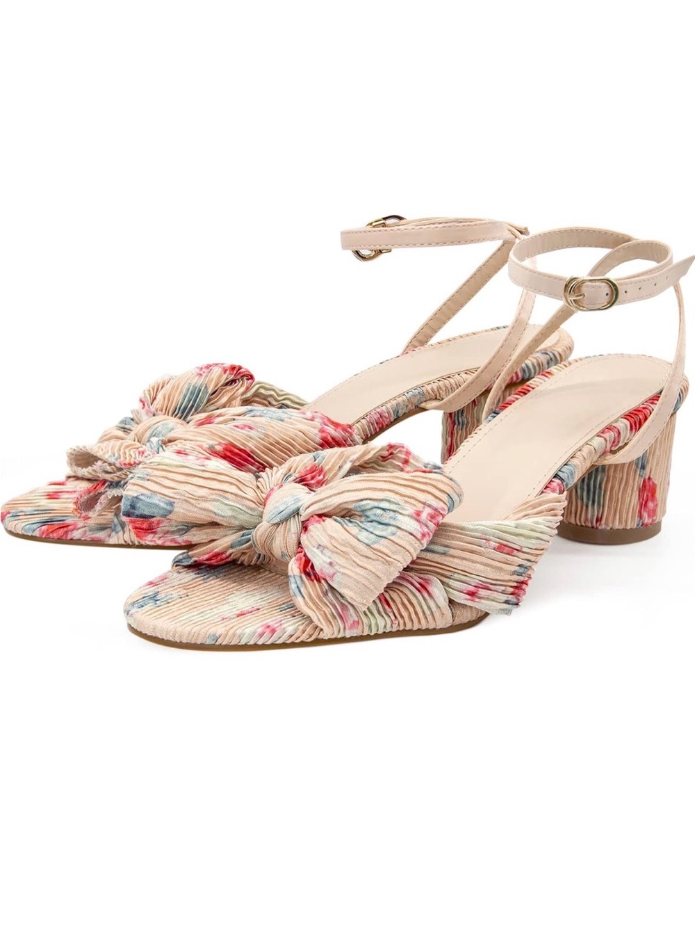 Floral Knot Block Heel Sandals in Beige and Multicolor